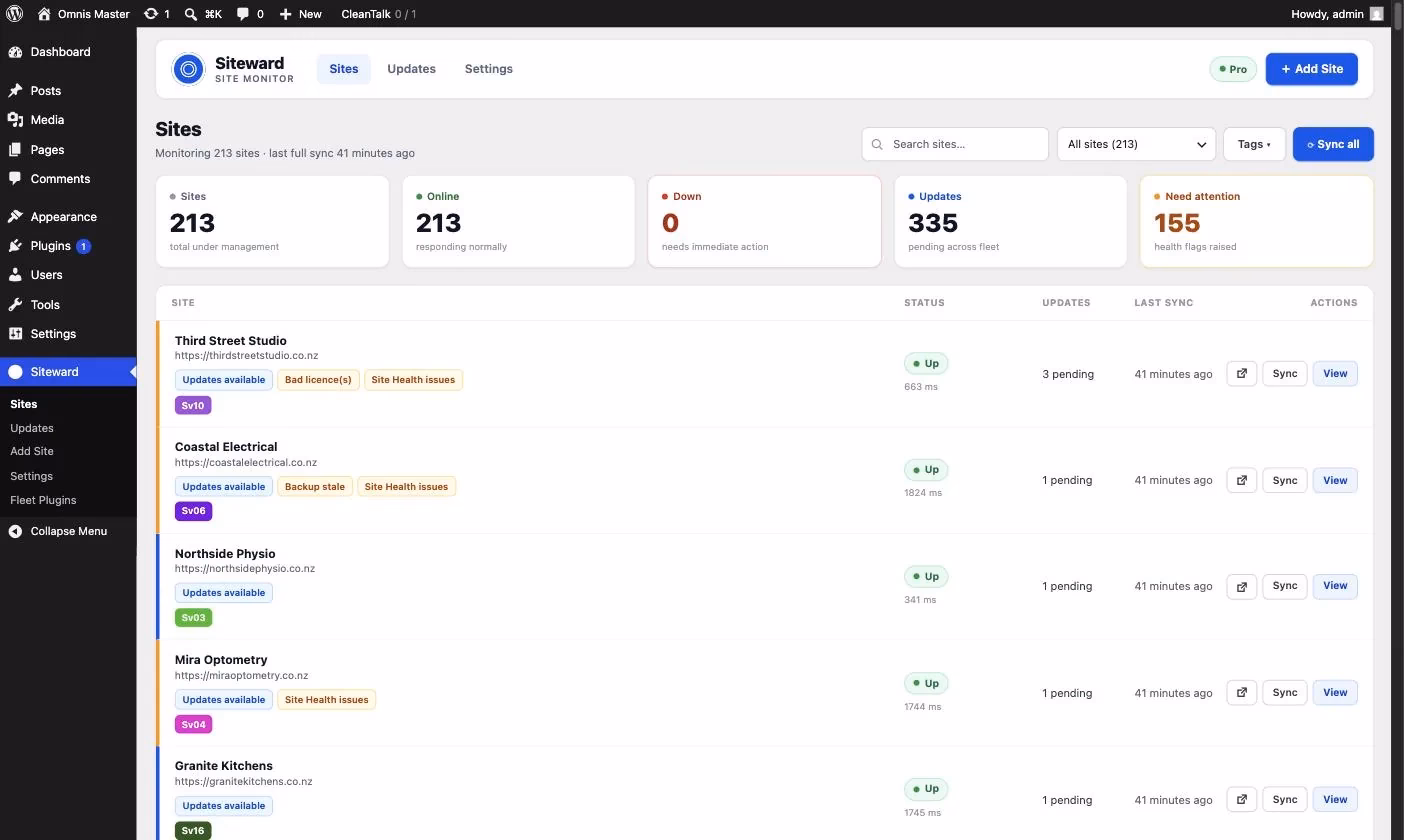 Siteward dashboard listing client WordPress sites with uptime, pending updates and health flags